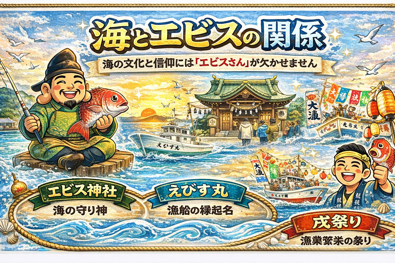 エビスとは、海と共に生きる人々が生んだ神。エビス神社は、 海への感謝の場所。 えびす丸は、無事と大漁を願う船。戎祭りは、海の一年を始める祈り。釣太郎