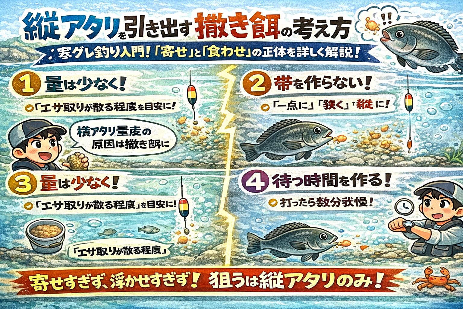 寒グレ釣り、縦アタリを引き出す撒き餌とは ・少なく・狭く・下に効かせ・待つ。この4つに尽きます。釣太郎