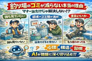 ゴミ問題はマナーだけの問題ではない ・多くは無意識の行動 ・環境が行動を決めている ・一人の行動が空気を変える。釣り場は、 魚を釣る場所であると同時に、 人の行動が映る鏡。釣太郎