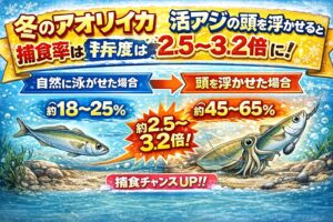 冬季のアオリイカ釣り、アジの頭を適度に浮かせ、「弱った獲物」を演出することで、 捕食率は一気に2.5倍以上に跳ね上がります。釣太郎