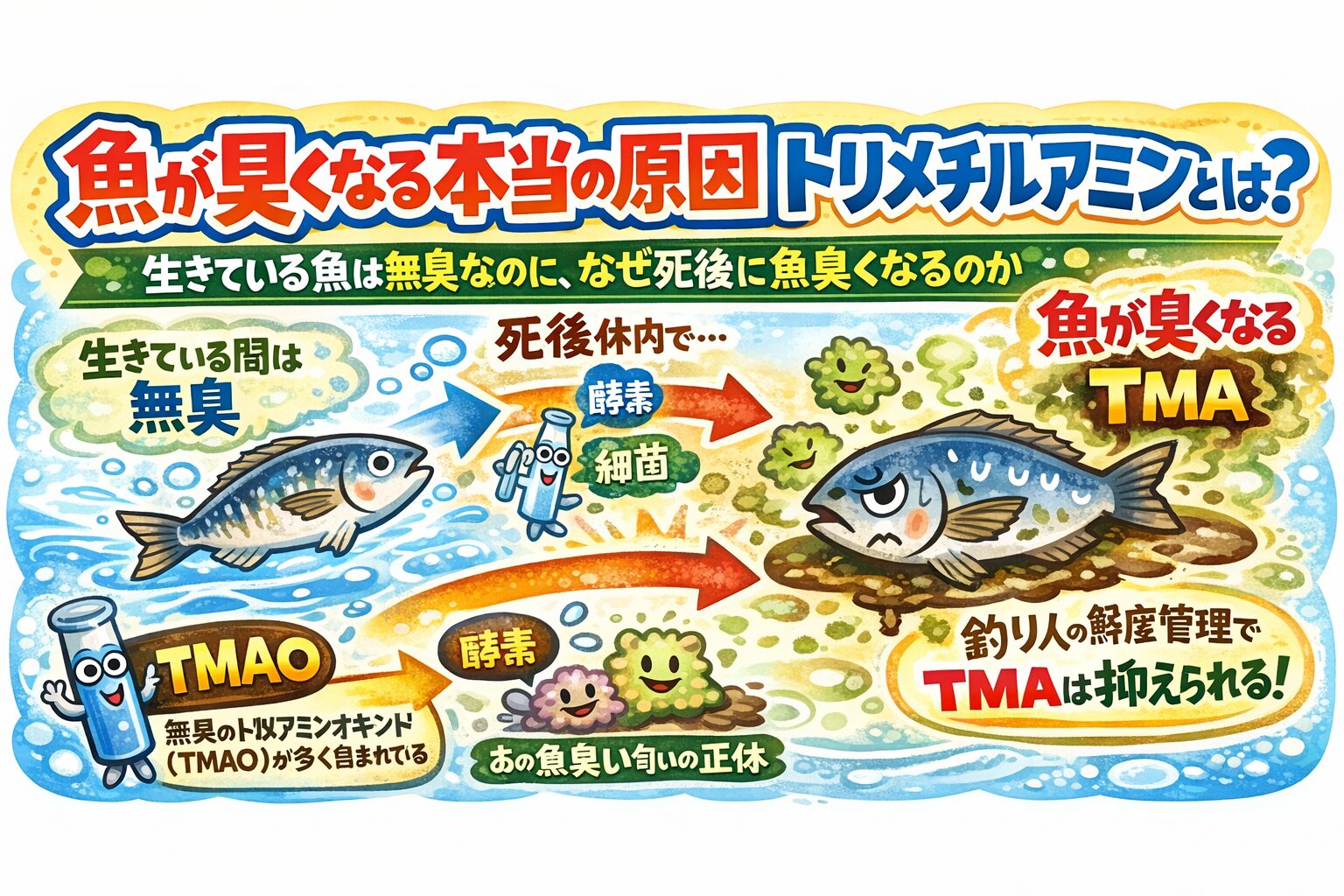 魚の生臭さは「死後のTMAO → TMA変化」が原因。新鮮＋早い下処理＋酸性中和の3本柱で、ほぼ気にならなくなります！釣太郎