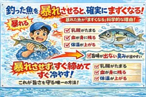 魚を暴れさせると乳酸・血・体温上昇により味は確実に落ちる。釣太郎