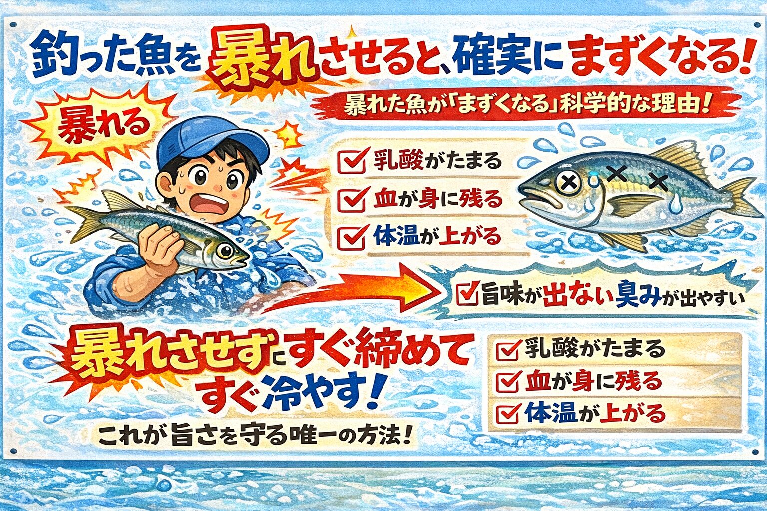 魚を暴れさせると乳酸・血・体温上昇により味は確実に落ちる。釣太郎