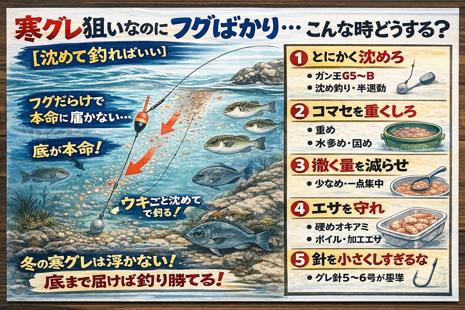 寒グレ狙いでフグばかりになる原因は、 上を釣っているだけ。解決策は、沈める・重くする ・減らす・守る・移動する。この5つ。釣太郎