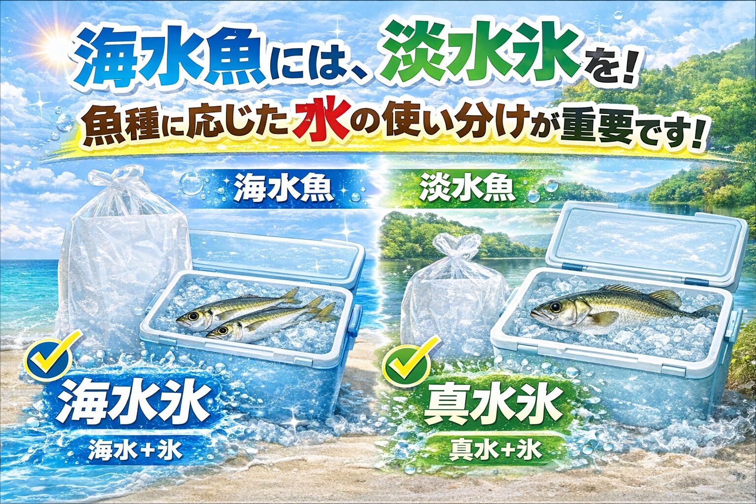 魚は、釣った瞬間に美味しさが決まるわけでなく、どう冷やしたか この一点で、結果は大きく変わります。海水魚には海水氷。淡水魚には真水氷。釣太郎