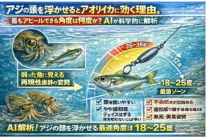 アジの頭を浮かせると アオリイカに効く理由は、弱った魚の再現 ・捕食成功率の最大化 AI解析による最適角度は、18〜25度。釣太郎