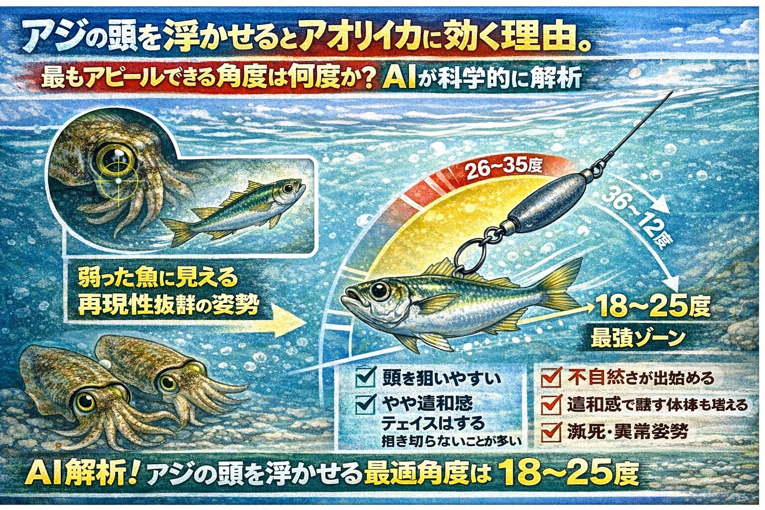 アジの頭を浮かせると アオリイカに効く理由は、弱った魚の再現 ・捕食成功率の最大化 AI解析による最適角度は、18〜25度。釣太郎