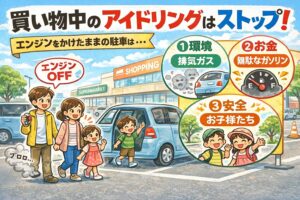 買い物中のアイドリングは、便利でも、必要でもありません。エンジンを止める。それだけで、環境・安全・マナーすべてが良くなります。今日から、「停めたらエンジンOFF」。釣太郎