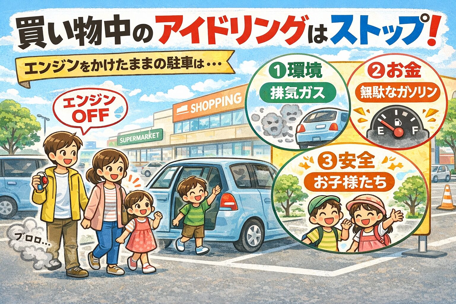 買い物中のアイドリングは、便利でも、必要でもありません。エンジンを止める。それだけで、環境・安全・マナーすべてが良くなります。今日から、「停めたらエンジンOFF」。釣太郎