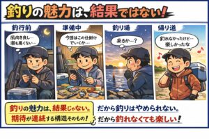 釣り人は、魚を釣った瞬間よりも「釣れるかもしれない時間」を 何度も味わっている。釣太郎