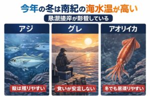 今年の南紀の冬の高水温は黒潮接岸の影響が大きい・アジは数が残りやすいが脂は遅れ気味・グレはいるが本調子になりにくい・アオリイカは冬でも居残りやすい。釣太郎