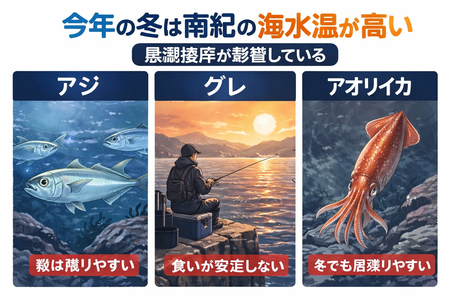 今年の南紀の冬の高水温は黒潮接岸の影響が大きい・アジは数が残りやすいが脂は遅れ気味・グレはいるが本調子になりにくい・アオリイカは冬でも居残りやすい。釣太郎