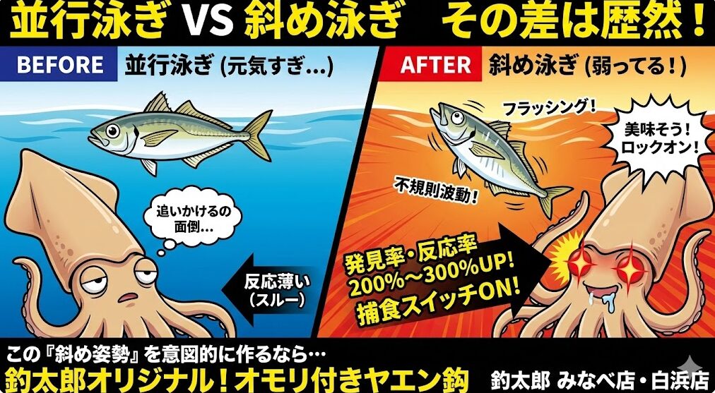 頭を浮かせているアジは、アオリイカにとって、水平泳ぎ ＝ 「まだ元気で追いかけるのが面倒な魚」斜め泳ぎ（頭上げ・頭下げ）＝ 「今すぐ食べられるご馳走」釣太郎
