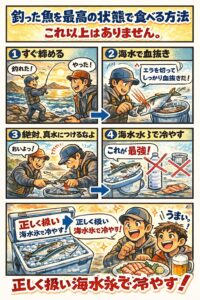 魚の味は釣果ではなく扱い方で決まる・締め、血抜き、冷却がすべて・真水に触れさせないことが重要・海水氷が最適解。釣太郎