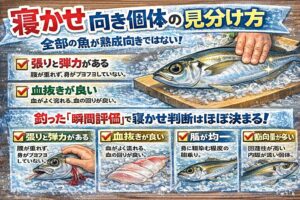 寝かせ向き個体は・張りと弾力がある・血抜きが良い・脂が均一 ・目が澄んでいる・筋肉量が多い。すべての魚が寝かせ向きではない。釣太郎