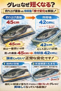 グレは、釣り上げ直後が一番長い。冷却と死後硬直で短くなる。2〜6％の検寸変化は正常。短くなるのは失敗ではなく、正しく魚を扱えた証拠です。釣太郎