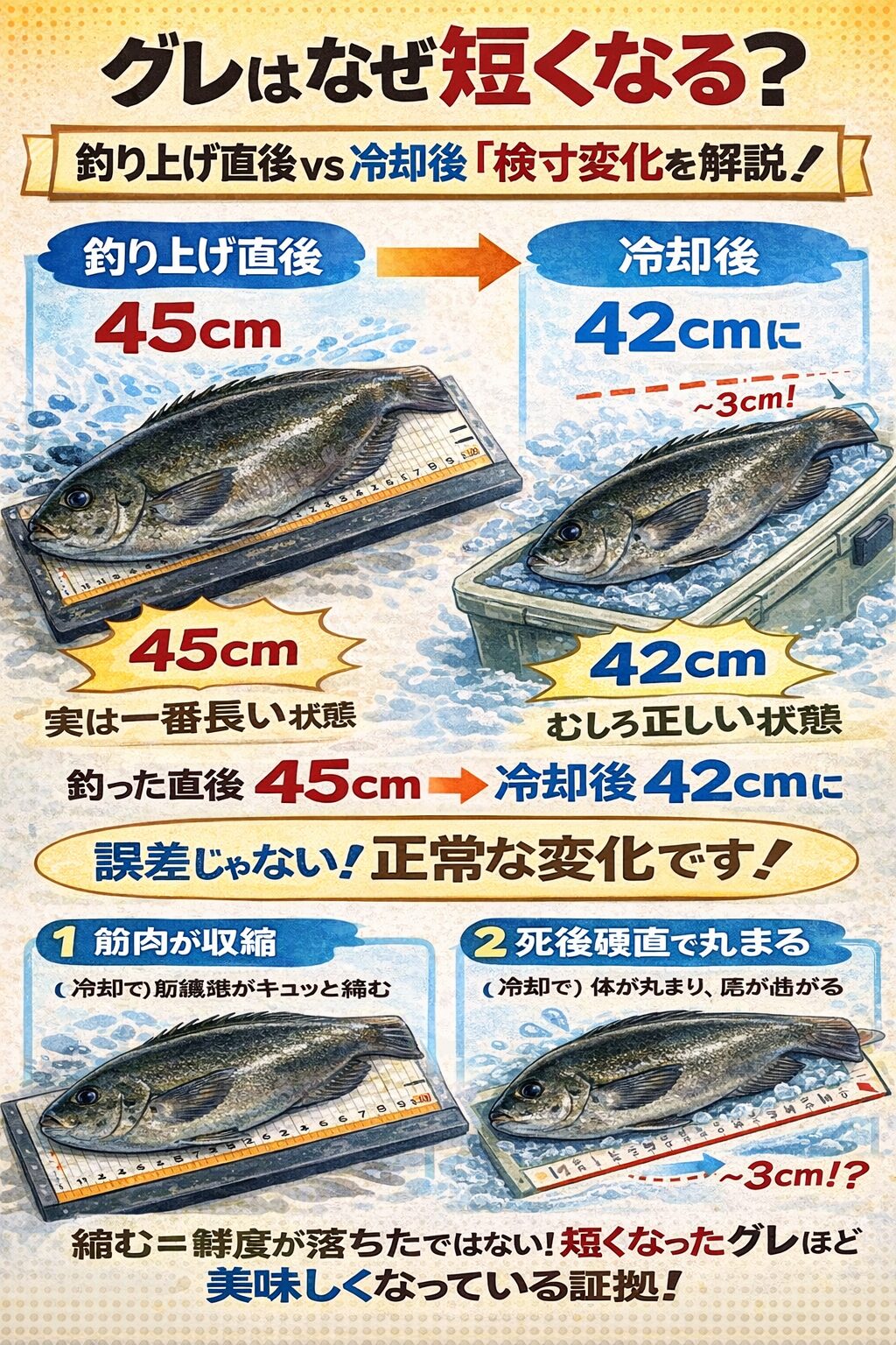 グレは、釣り上げ直後が一番長い。冷却と死後硬直で短くなる。2〜6％の検寸変化は正常。短くなるのは失敗ではなく、正しく魚を扱えた証拠です。釣太郎