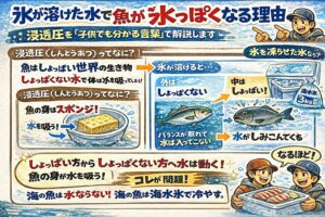 魚が水っぽくなる原因は浸透圧・真水に触れると魚の身が水を吸う ・普通氷は溶けると真水になる・海水氷はバランスが崩れない・冷やし方で味は大きく変わる。釣太郎