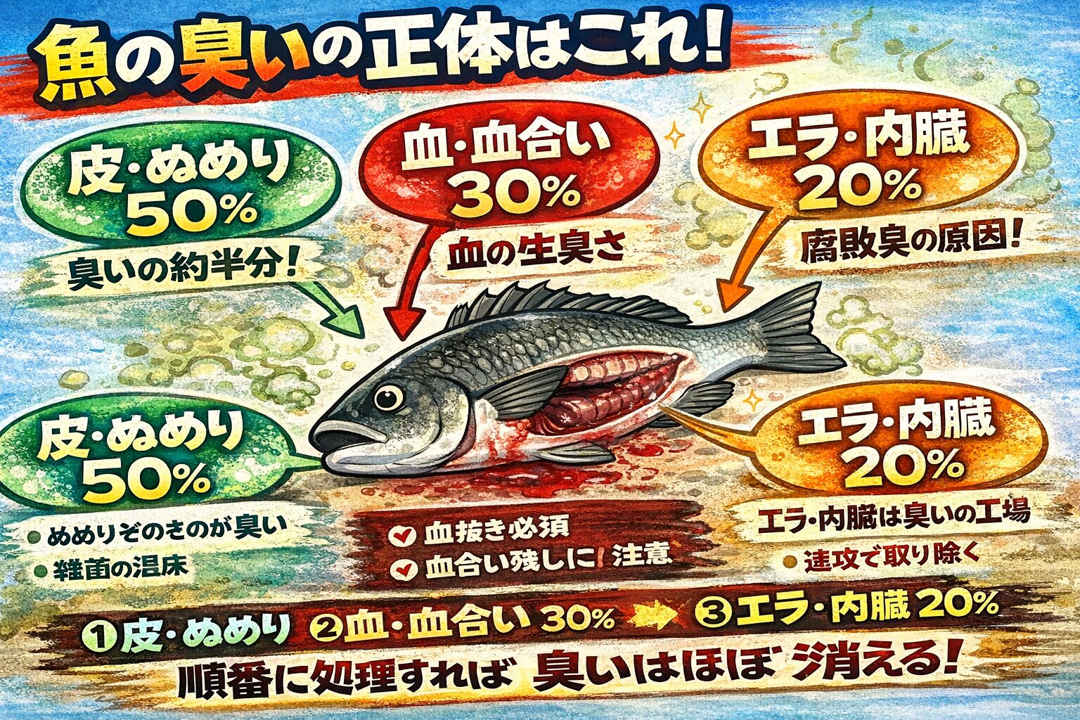 魚の臭いの正体は、 皮・ぬめり50％、血・血合い30％、エラ・内臓20％。釣太郎