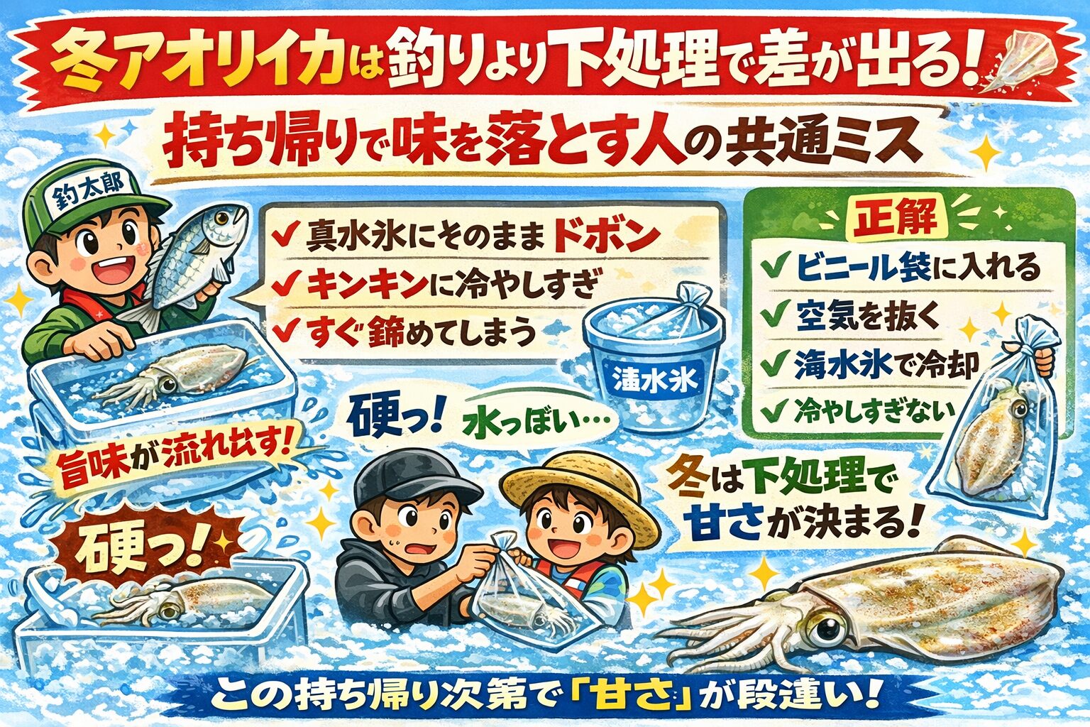 冬アオリイカの味を決めるのは、釣りよりも下処理。特に、真水氷と冷やしすぎは致命的なミス。正しく扱えば、冬アオリイカは 一年で最も甘く、旨くなる。釣太郎