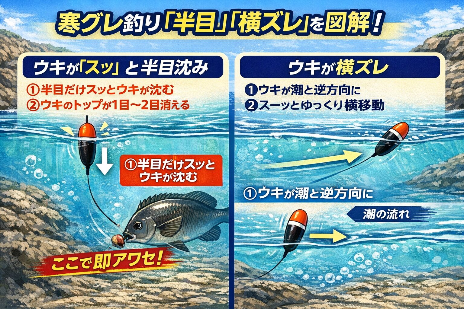 寒グレは食ってから走らない・反転する瞬間にだけ変化が出る・半目と横ズレは本アタリ。釣太郎