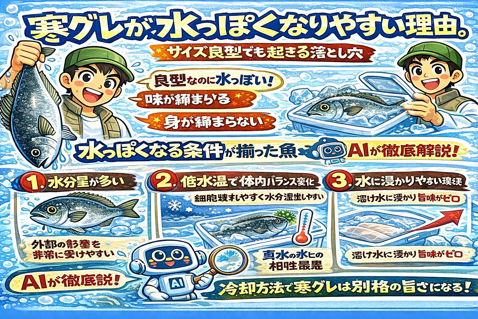 寒グレが水っぽくなりやすいのは・魚の体質 ・冬の環境・冷却方法 この3つが重なるから。釣太郎