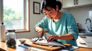 魚をさばく事故の9割は「包丁が滑ったときに左手が刃の進行方向にある」ことが原因。だから「滑らせない」＋「滑っても左手がそこにいない」の2段構えが最強。釣太郎