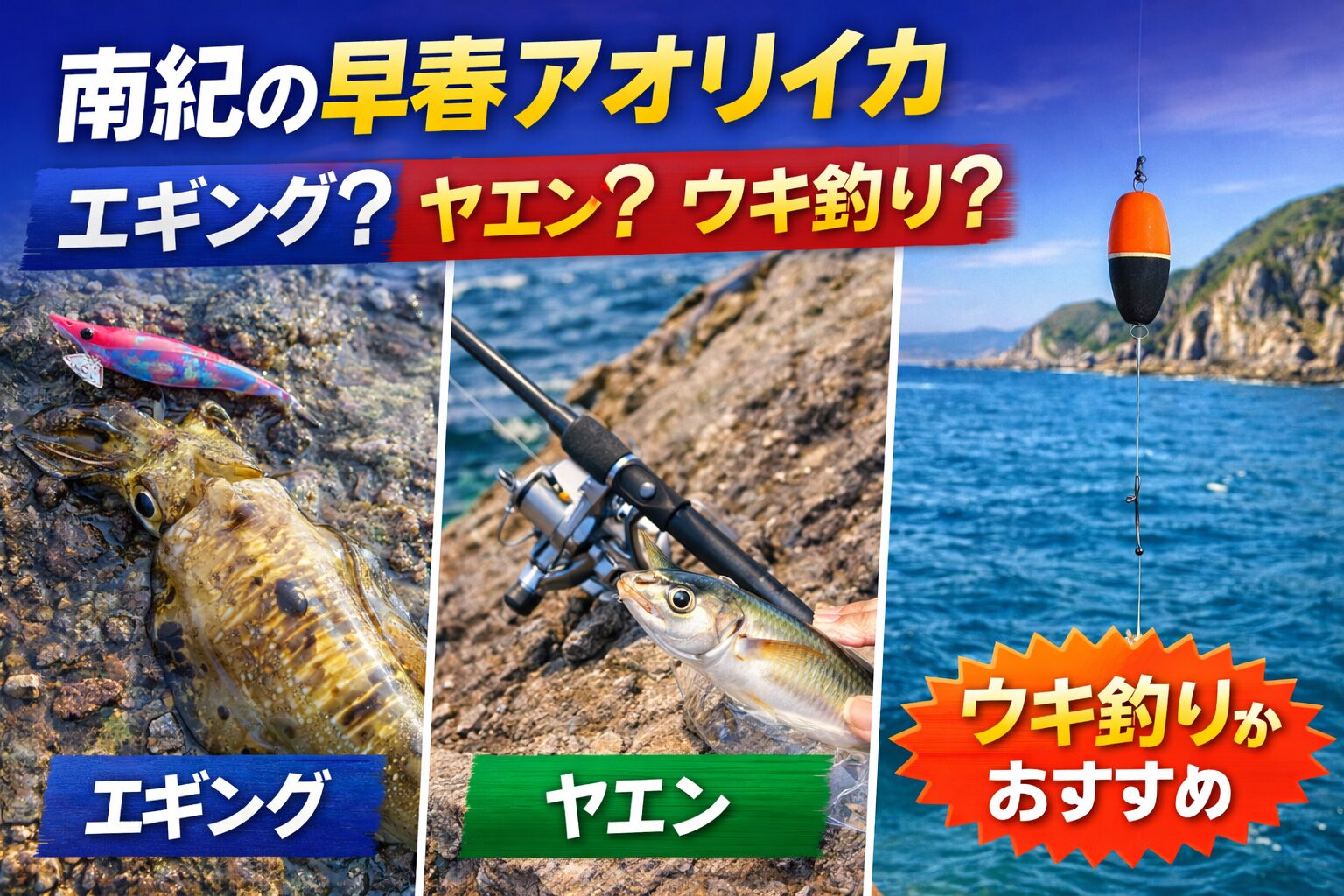 早春アオリイカ釣り、南紀は「数よりサイズ」。完全初心者ウキ釣り。釣り経験者エギング。大型志向ヤエン。一杯の価値が大きい。釣太郎