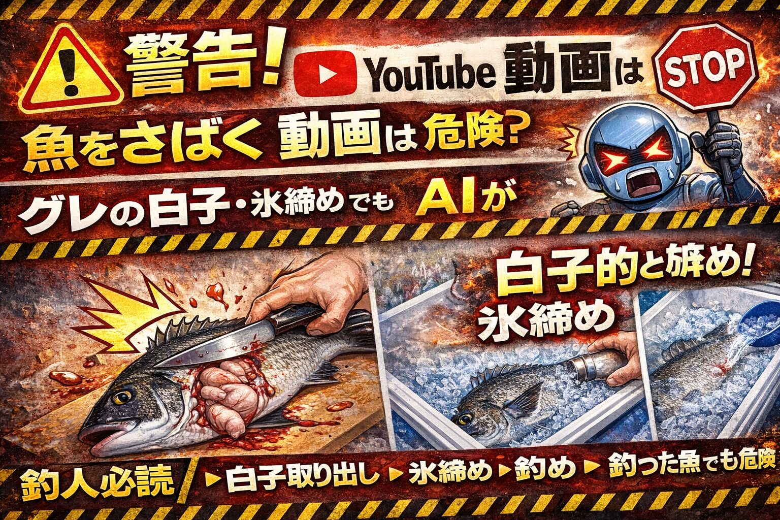 釣り動画投稿者は要注意。現在のYouTubeでは魚をさばく動画、白子取り出し、血抜き、氷締め 。これらでもアカウント停止の可能性があります。釣太郎