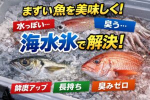 魚がまずくなる原因は主に3つ。水分増加による味の劣化・腐敗の進行・内臓臭の拡散 。これらはすべて 海水氷でほぼ解決可能。釣太郎