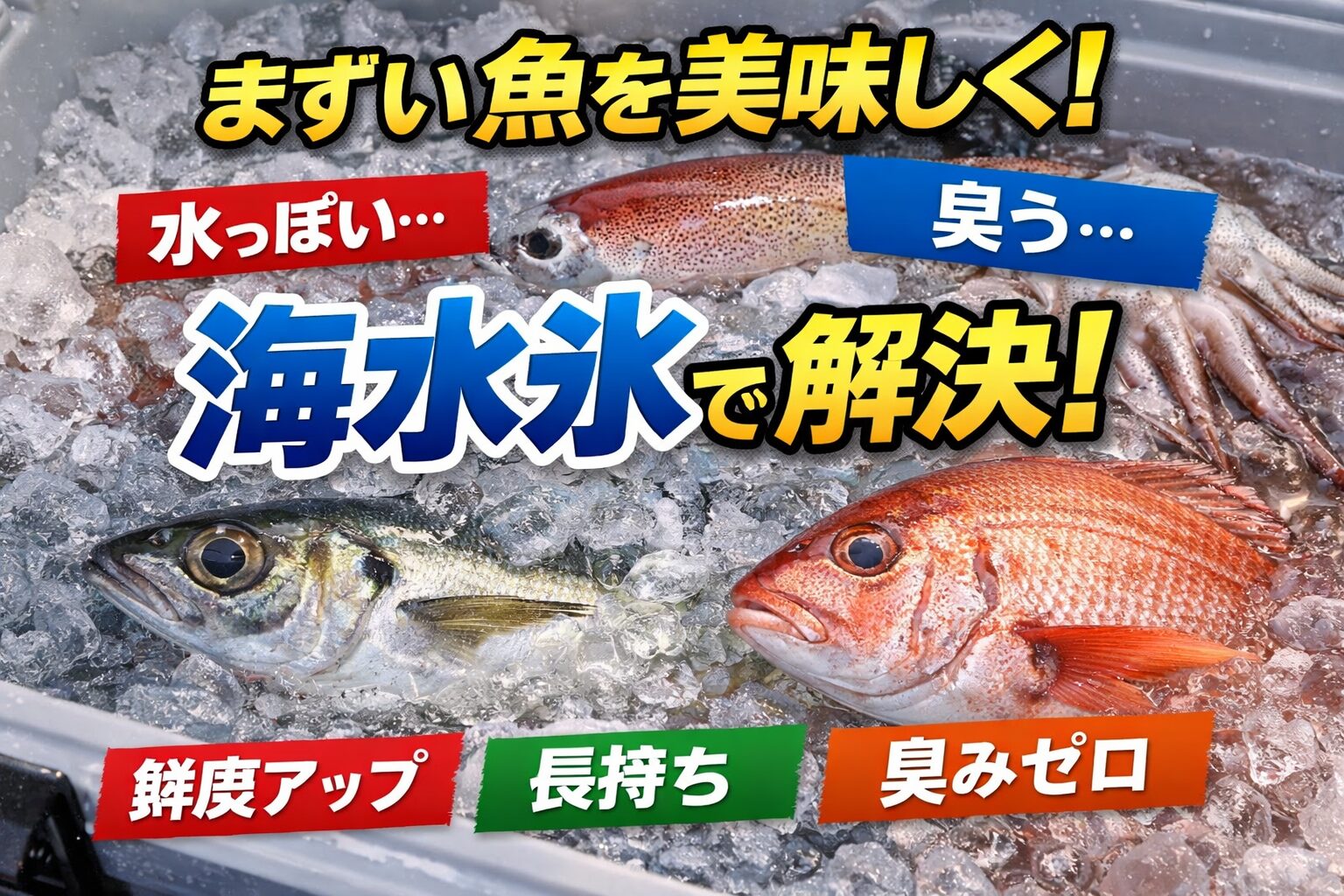 魚がまずくなる原因は主に3つ。水分増加による味の劣化・腐敗の進行・内臓臭の拡散 。これらはすべて 海水氷でほぼ解決可能。釣太郎