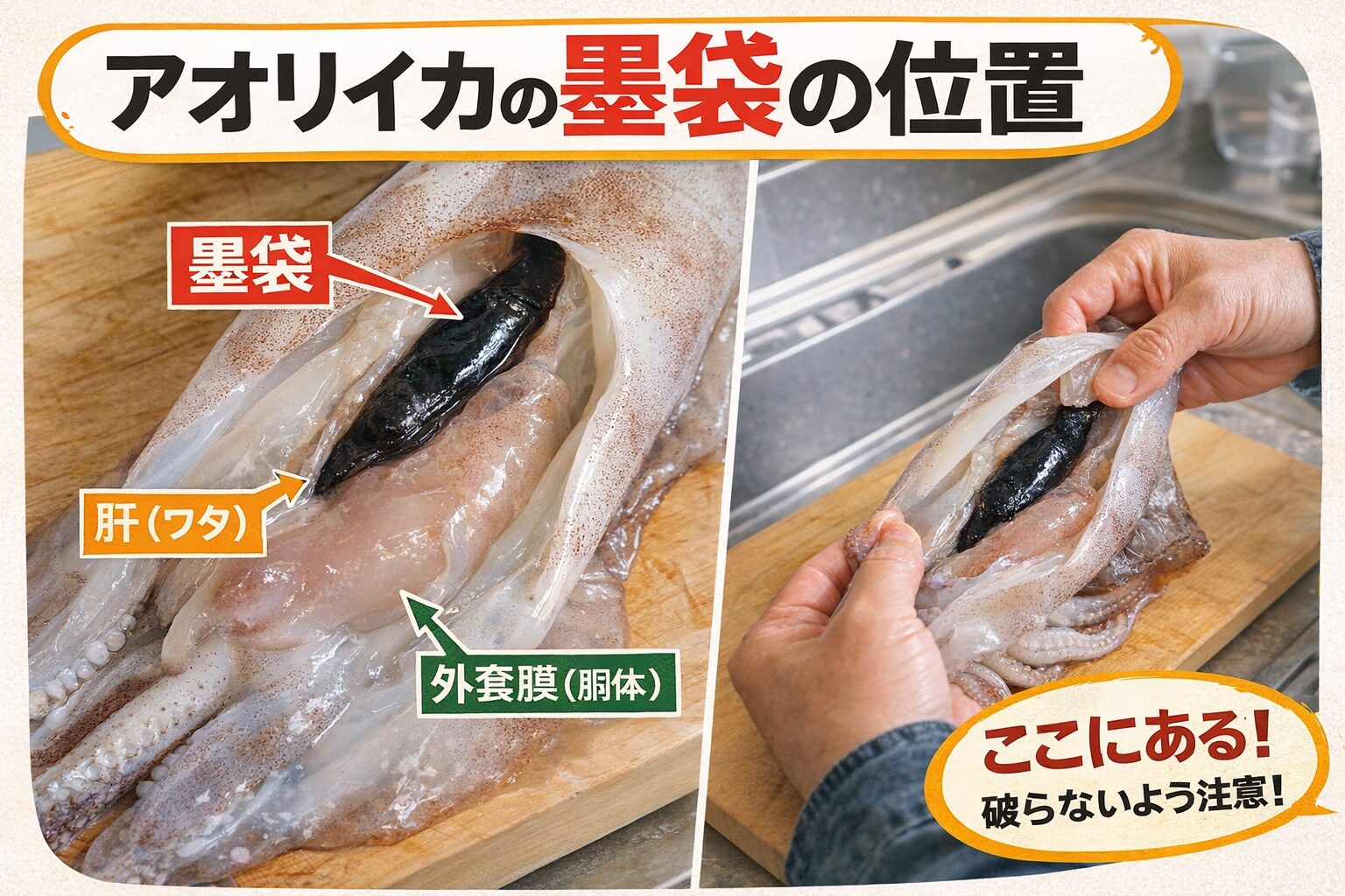 アオリイカの墨袋を破らずに取り除くコツは、「優しく・ゆっくり・根元をしっかりつまむ」の3点です。釣太郎