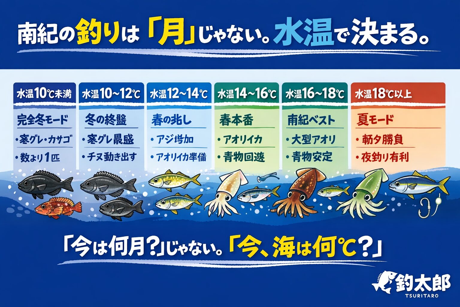 南紀は月別攻略が通用しにくい・黒潮で水温が大きく変わる・水温帯ごとに魚は明確に変わる・釣果は水温を読めるかで決まる.釣太郎