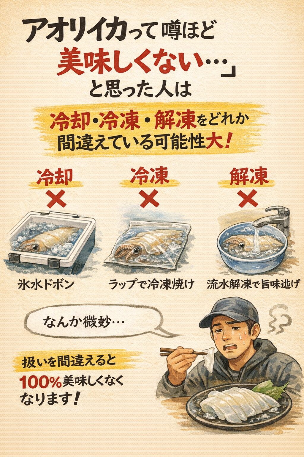 アオリイカが美味しくなかった人へ。 扱いが悪かっただけ。✔ 冷却✔ 冷凍 ✔ 解凍。この3つを守れば、誰でも「本物の味」に辿り着けます。釣太郎