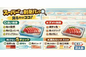 刺身パックはここを見る・色は自然か・ドリップは濁っていないか ・角が立っているか・並びが綺麗か・加工時間はいつか。この5つだけで、外す確率は大きく下がります。釣太郎