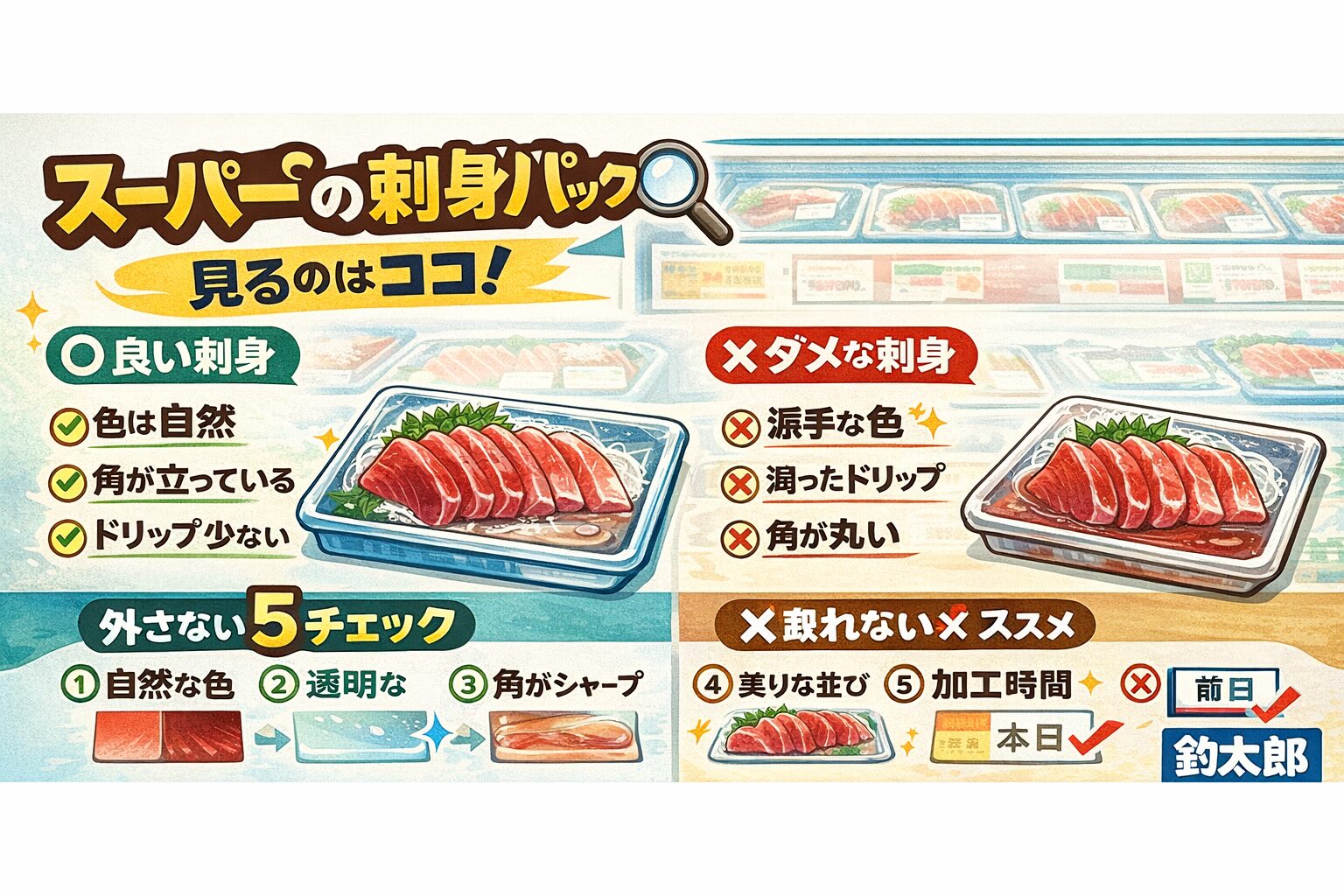 刺身パックはここを見る・色は自然か・ドリップは濁っていないか ・角が立っているか・並びが綺麗か・加工時間はいつか。この5つだけで、外す確率は大きく下がります。釣太郎