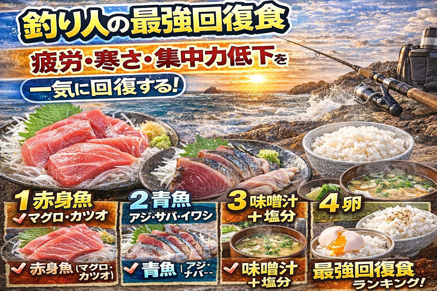 釣り人の最強回復食は ・赤身魚・青魚・味噌汁 ・卵・米。魚中心の食事が最も回復が早い。釣太郎