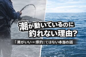 潮が動いているのに釣れない理由は・魚がいない ・タナがズレている・流れの質が悪い・ベイトが合っていない・光量が強すぎる・魚種が違う.釣太郎