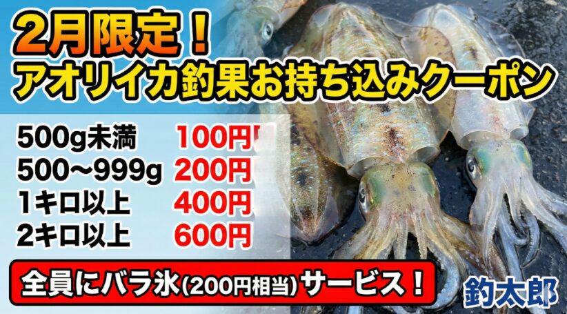南紀でアオリイカが釣れたら、ぜひ釣太郎へ。 バラ氷とクーポン券進呈中。サイズ・数は問いません。お気軽にお持ち込みください。