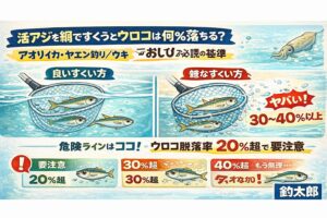 アオリイカ釣り用活アジ、ウロコ脱落率が、 アジの寿命と釣果を決めています。・20％超で要注意・30％超で失敗濃厚 。ヤエン釣り・ウキ釣りでは、エサ管理が釣りの半分。釣太郎