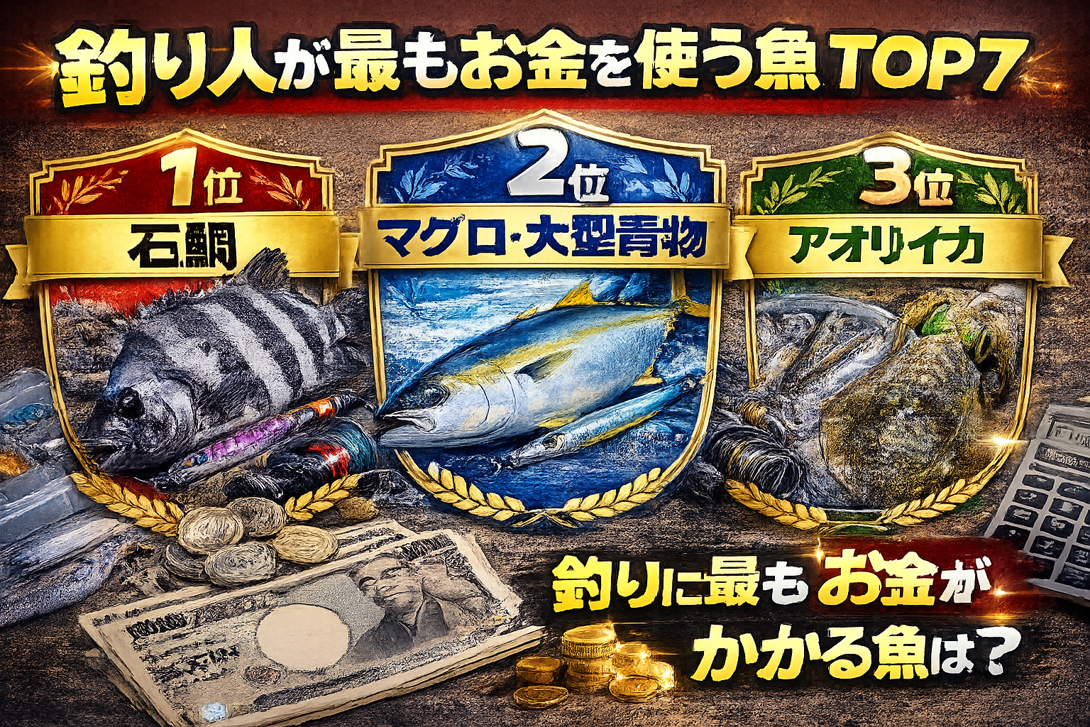 釣り人が最もお金を使う魚ランキング。1位 石鯛 2位 マグロ・大型青物 3位 アオリイカ4位 グレ 5位 チヌ6位 ヒラスズキ 7位 アジ・カマス。釣太郎