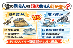 昔の釣り人→ 食料確保・経験重視。現代釣り人→ 体験・効率・鮮度重視。釣りは時代と共に進化しています。釣太郎