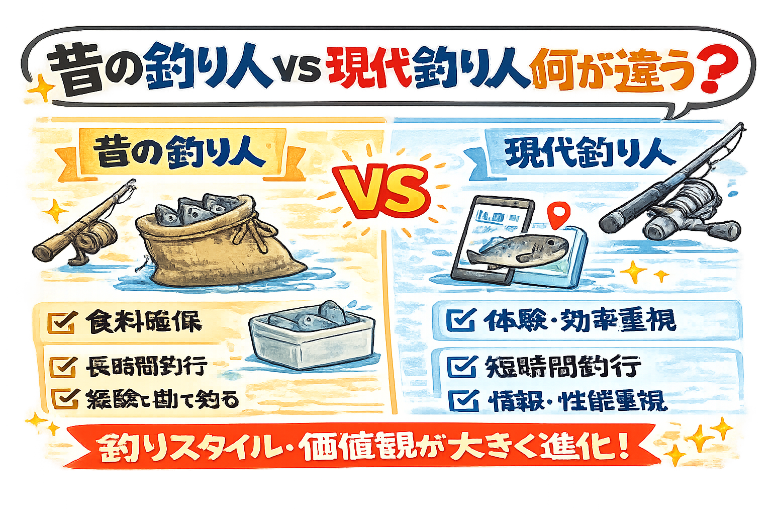 昔の釣り人→ 食料確保・経験重視。現代釣り人→ 体験・効率・鮮度重視。釣りは時代と共に進化しています。釣太郎
