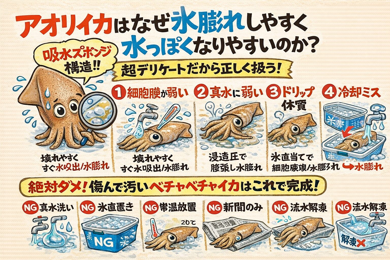 アオリイカ、イカはスポンジ体質・真水で即死亡・管理で味は決まる。釣太郎