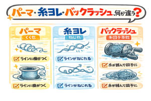 パーマ・糸ヨレ・バックラッシュはすべて別の現象。パーマ → ラインのクセ。糸ヨレ → ラインのねじれ。バックラッシュ → 糸団子事故。釣り初心者入門。釣太郎