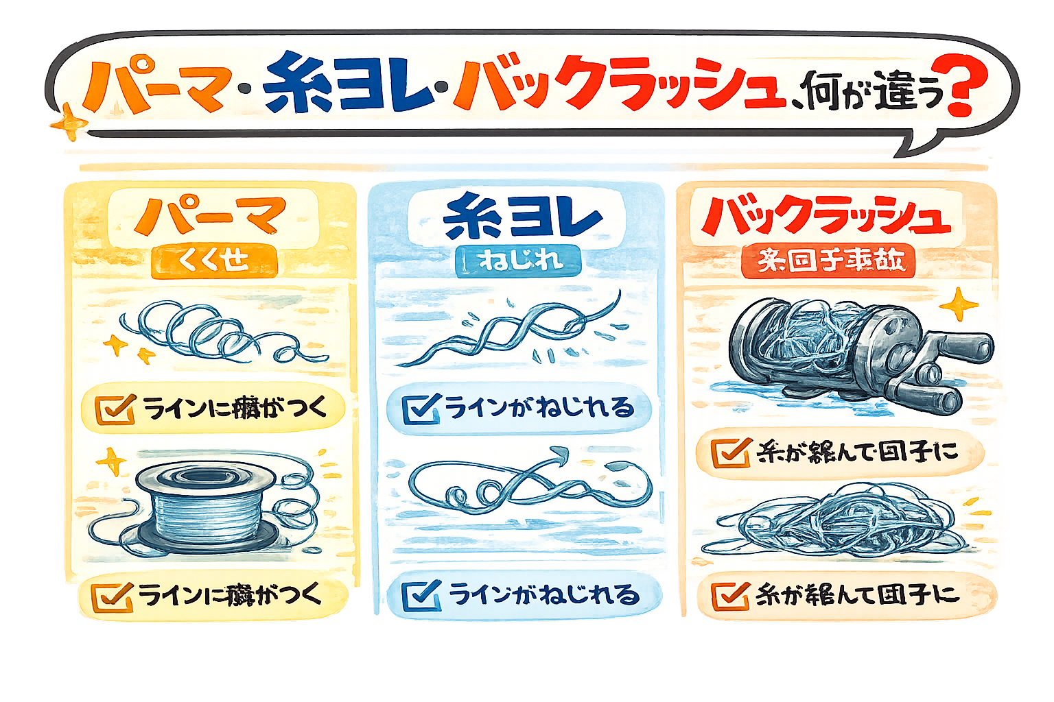 パーマ・糸ヨレ・バックラッシュはすべて別の現象。パーマ → ラインのクセ。糸ヨレ → ラインのねじれ。バックラッシュ → 糸団子事故。釣り初心者入門。釣太郎