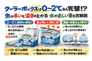 クーラーボックスの温度は0〜2℃維持が最強。 魚は熱源になる。大漁ほど氷を増やす。魚と氷は同量以上。スピード冷却が命。釣太郎