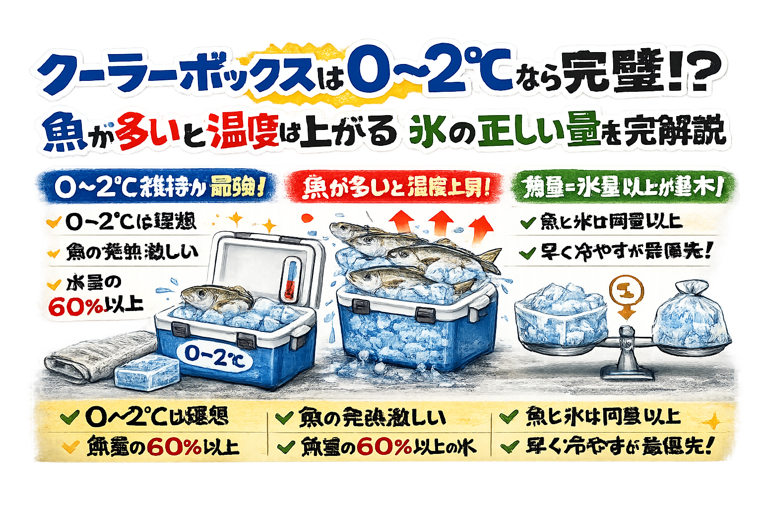 クーラーボックスの温度は0〜2℃維持が最強。 魚は熱源になる。大漁ほど氷を増やす。魚と氷は同量以上。スピード冷却が命。釣太郎