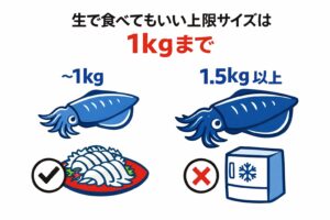 アオリイカ、冷凍は味を落とすどころか、むしろ正解−20℃以下で24時間以上冷凍すれば・アニサキス対策になる・甘みは十分残る・大型特有の水っぽさが落ち着く。釣太郎