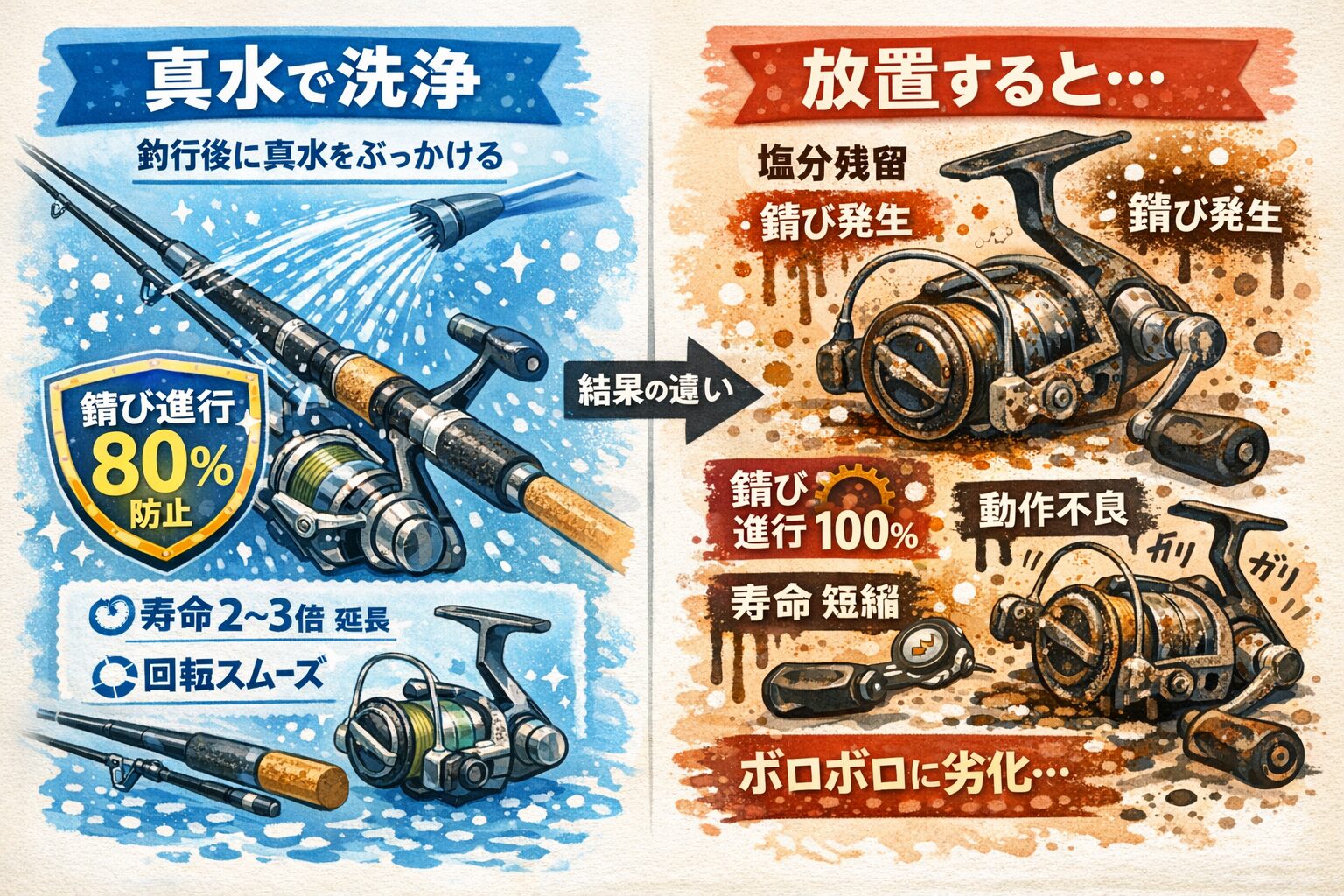 釣行後に真水をかけるだけで、錆び進行60〜80％抑制。寿命2〜3倍延長。 回転性能維持。修理率大幅低下。釣太郎
